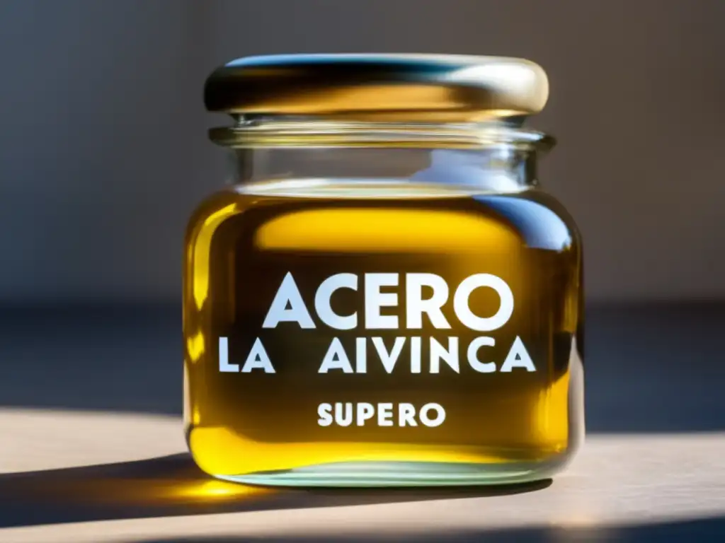 Aceite casero para supervivencia: detalle de jarra de vidrio transparente con aceite dorado, luz solar y cocina minimalista