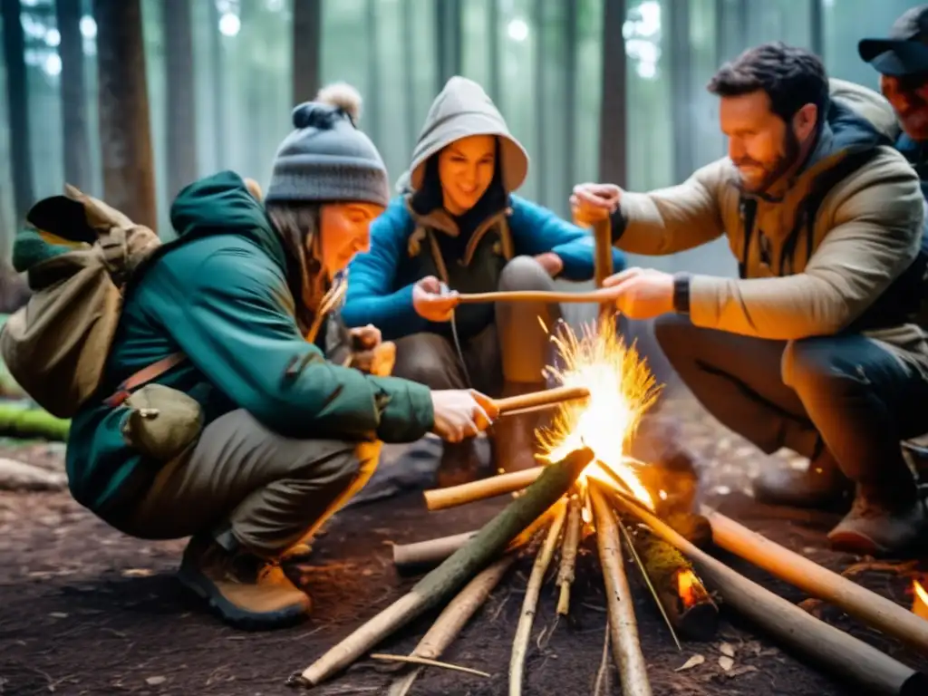 Personas en bosque, aprendiendo técnicas de supervivencia tras desastre ambiental con equipamiento esencial