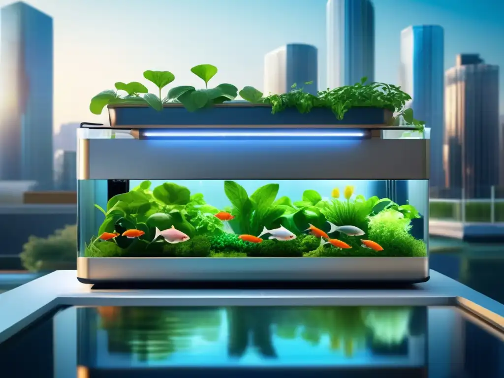 Beneficios acuaponía urbana: imagen 8K con sistema vertical moderno, peces vibrantes, vegetación exuberante y fusión de naturaleza y tecnología