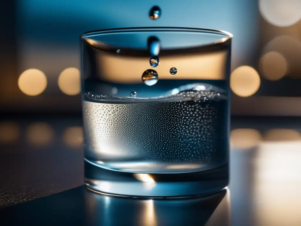 Purificación de agua con yodo Importancia y riesgos del yodo para purificar agua: imagen de cristal de agua purificada con yodo, reflejando la luz y creando sombras cautivadoras