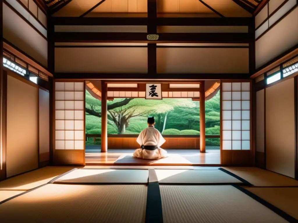 Dojo sereno rodeado de naturaleza, donde se practica Aikido con elegancia y armonía