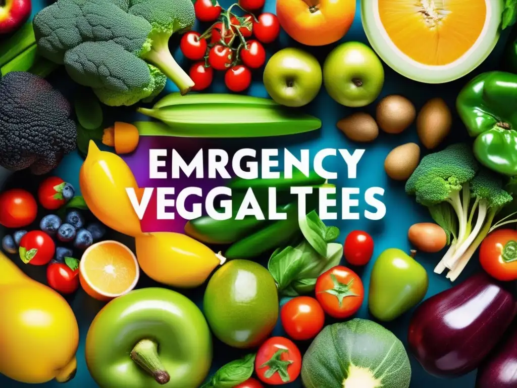 Reciclaje de alimentos en emergencias: variedad de frutas y verduras frescas, organizadas y coloridas, con fondo moderno y limpio