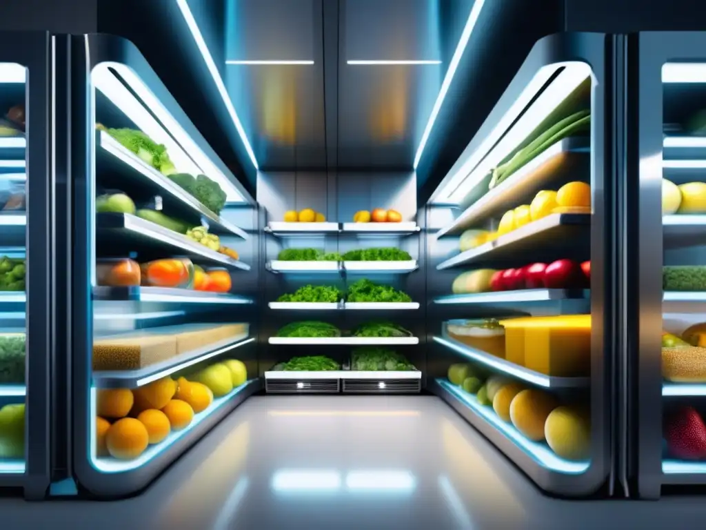 Almacenamiento de alimentos en climas extremos: moderna instalación futurista con frutas, verduras y etiquetas de temperatura, humedad y eficiencia