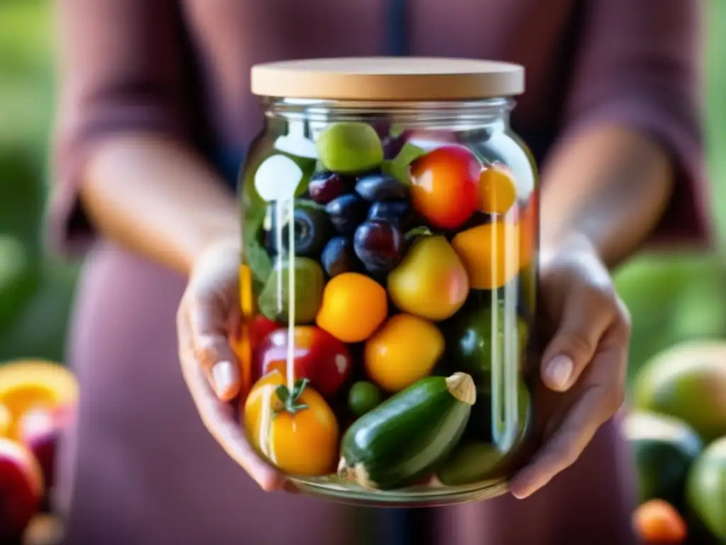 Reutilización de vidrio para supervivencia: persona sosteniendo tarro con alimentos preservados, cocina moderna