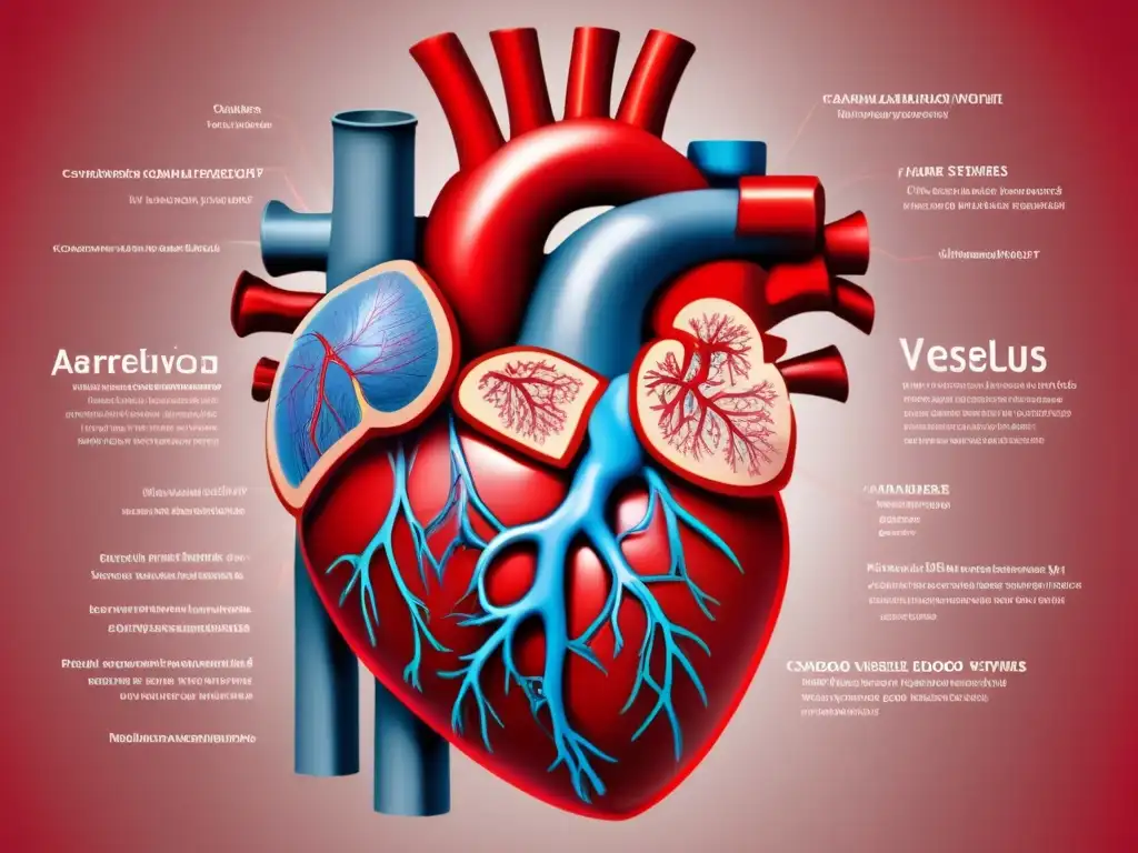 Ilustración detallada del sistema cardiovascular, enfoque en corazón, vasos sanguíneos