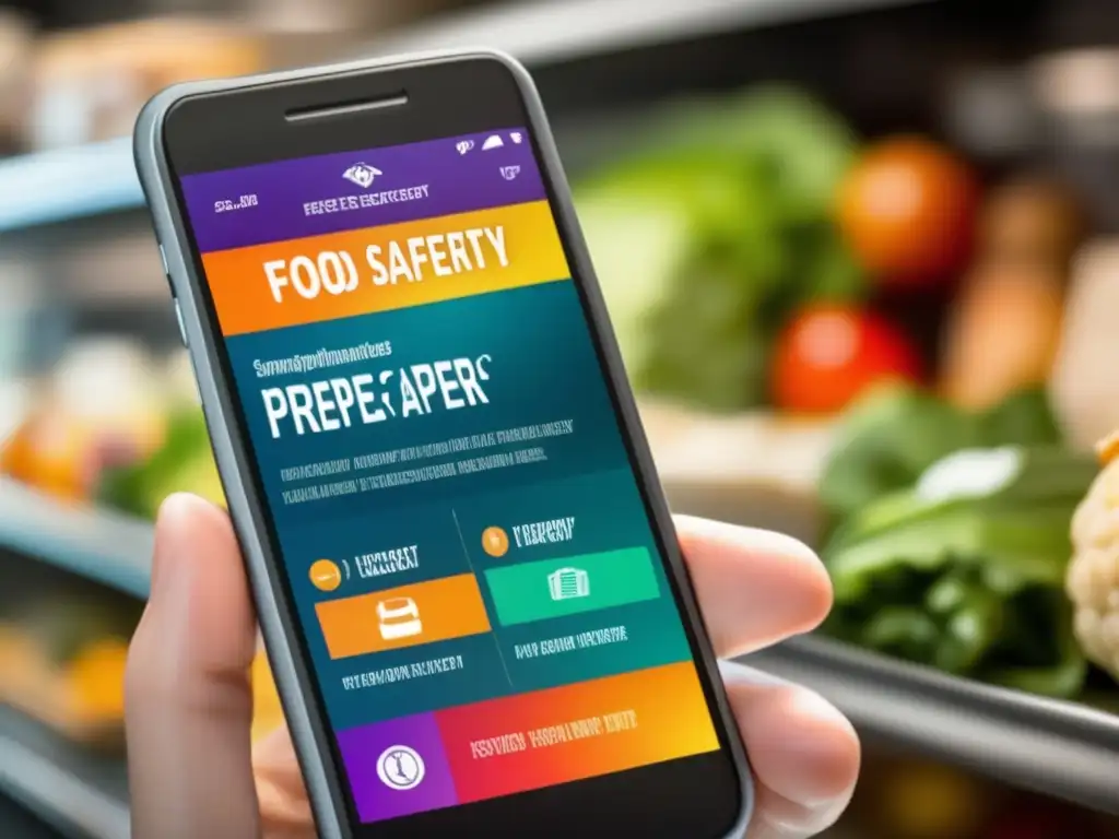 Aplicación de seguridad alimentaria para preppers: pantalla de smartphone con interfaz amigable, colores vibrantes y gráficos nítidos