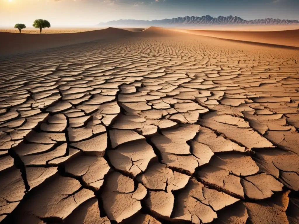 Un paisaje árido y agrietado por el cambio climático, con cultivos marchitos