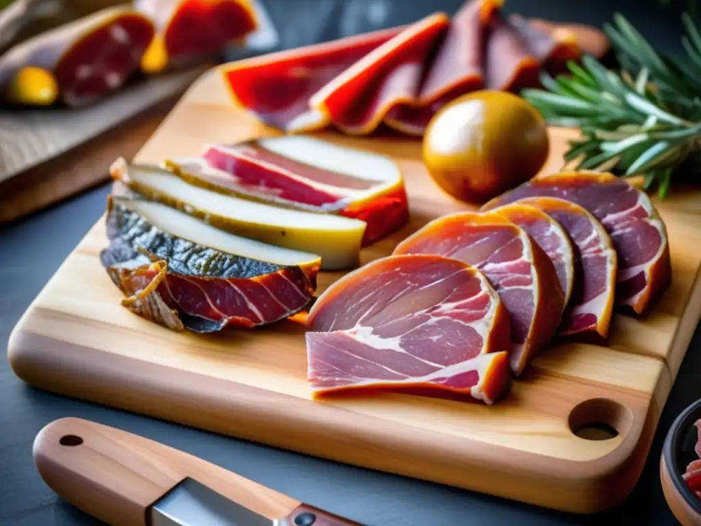 Conservación de carnes en casa: tabla de cortar con carnes curadas, ahumadas y secadas al aire