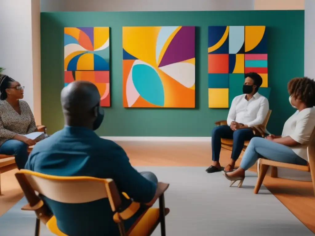 Terapia de arte transformadora en crisis Terapia del arte en crisis: Persona inmersa en sesión creativa rodeada de suministros, luz natural y obras expresivas