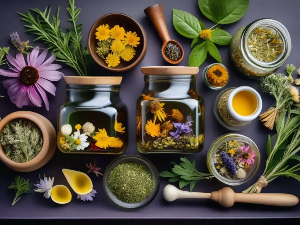 Tés medicinales caseros: variedad de hierbas y flores secas en frascos, junto a un mortero y manojo de raíces