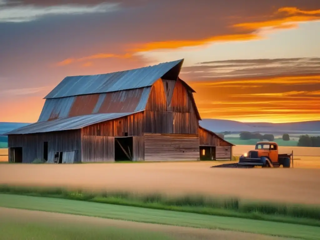 Paisaje rural al atardecer con una granja y herramientas comunes para improvisar armas