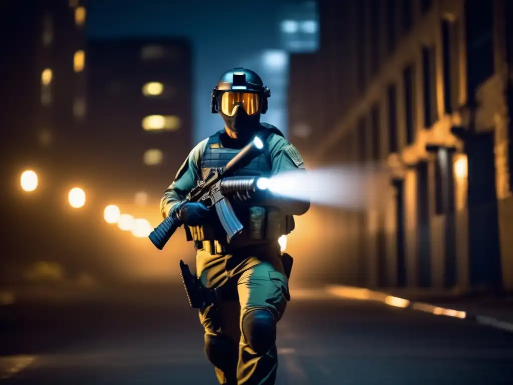 Técnicas defensa personal nocturna preppers: imagen nocturna con individuo preparado y equipos de seguridad avanzados