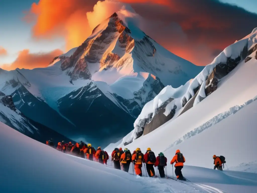 Preparación para avalanchas: imagen de montaña cubierta de nieve con avalancha y equipo de rescate