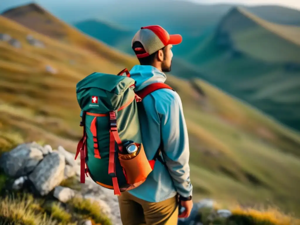 Persona en la cima de una montaña, mirando un paisaje desafiante con mochila equipada