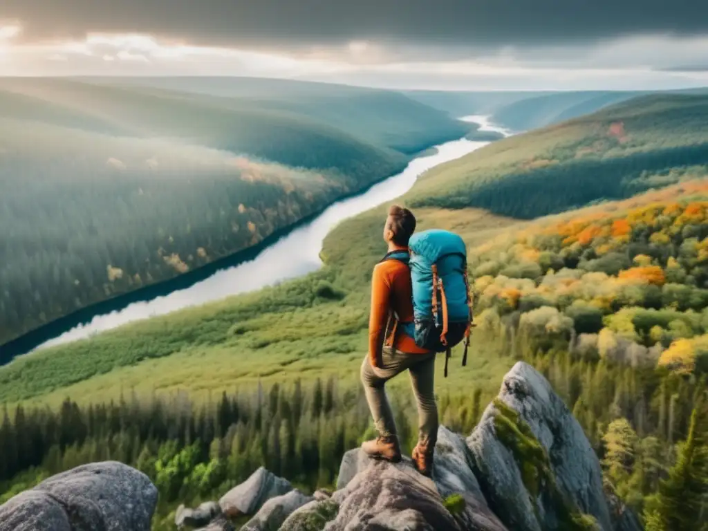 Hiker en acantilado con paisaje de montaña y río - Mapas de navegación para supervivencia