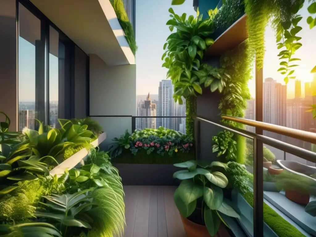 Beneficios de jardín vertical en apartamento: balcón verde y moderno con plantas vibrantes en cascada, integración perfecta