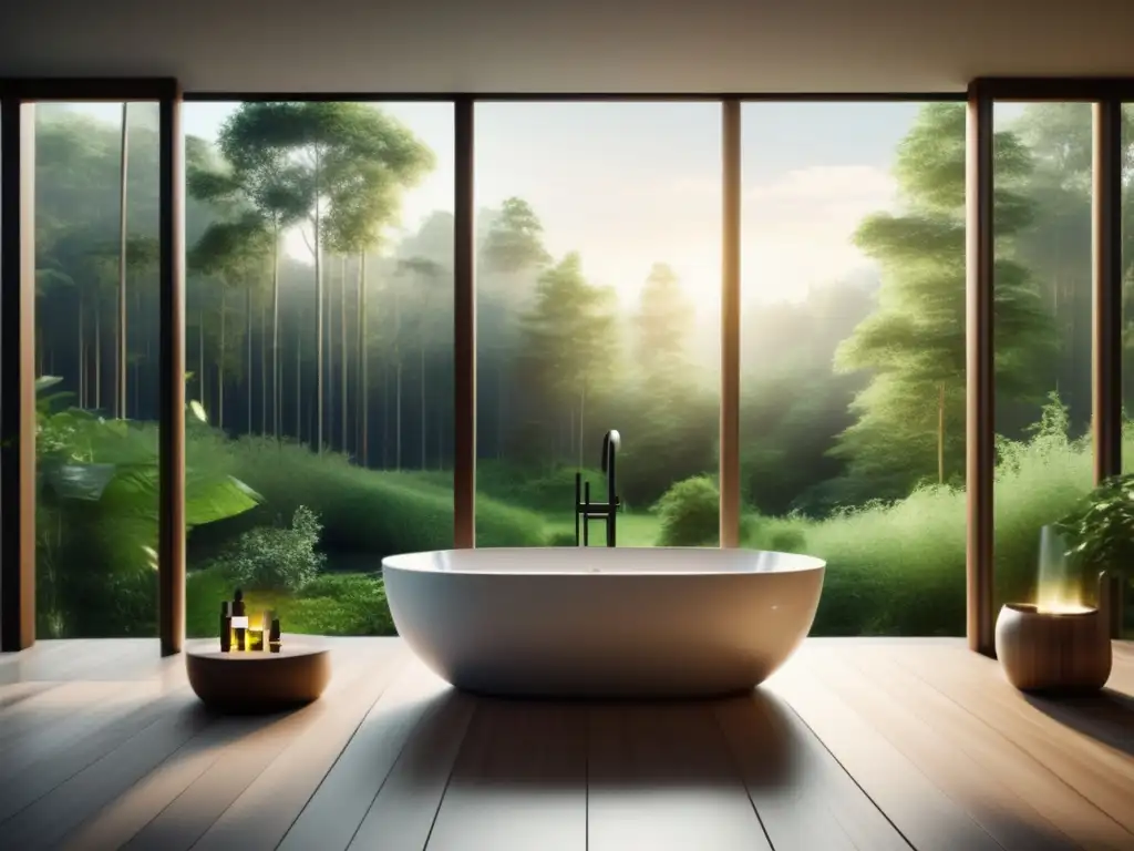 Un baño moderno con bañera blanca en un entorno natural, lleno de aceites esenciales y beneficios para el bienestar