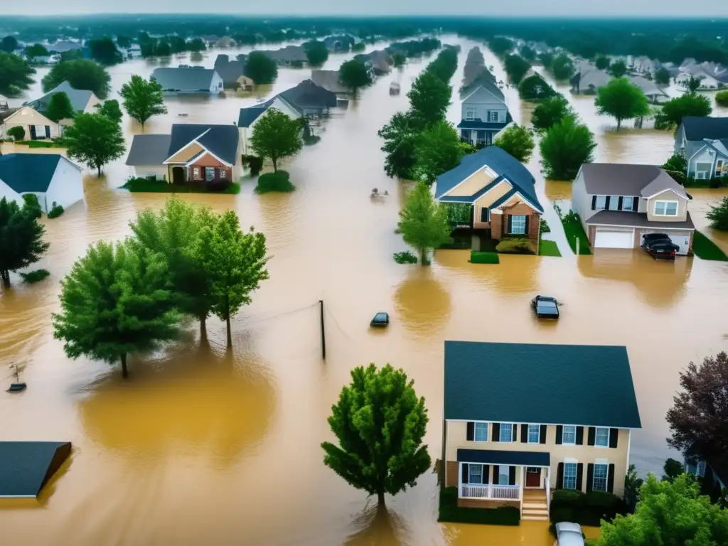 Inundación severa en vecindario, con casas sumergidas, evacuación en botes y riesgos