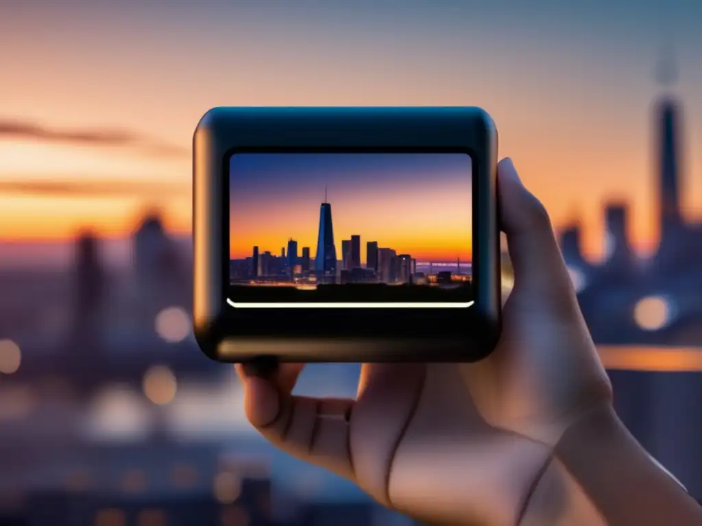 Baterías portátiles para emergencias, imagen de batería rectangular negra con pantalla digital, skyline de ciudad al atardecer