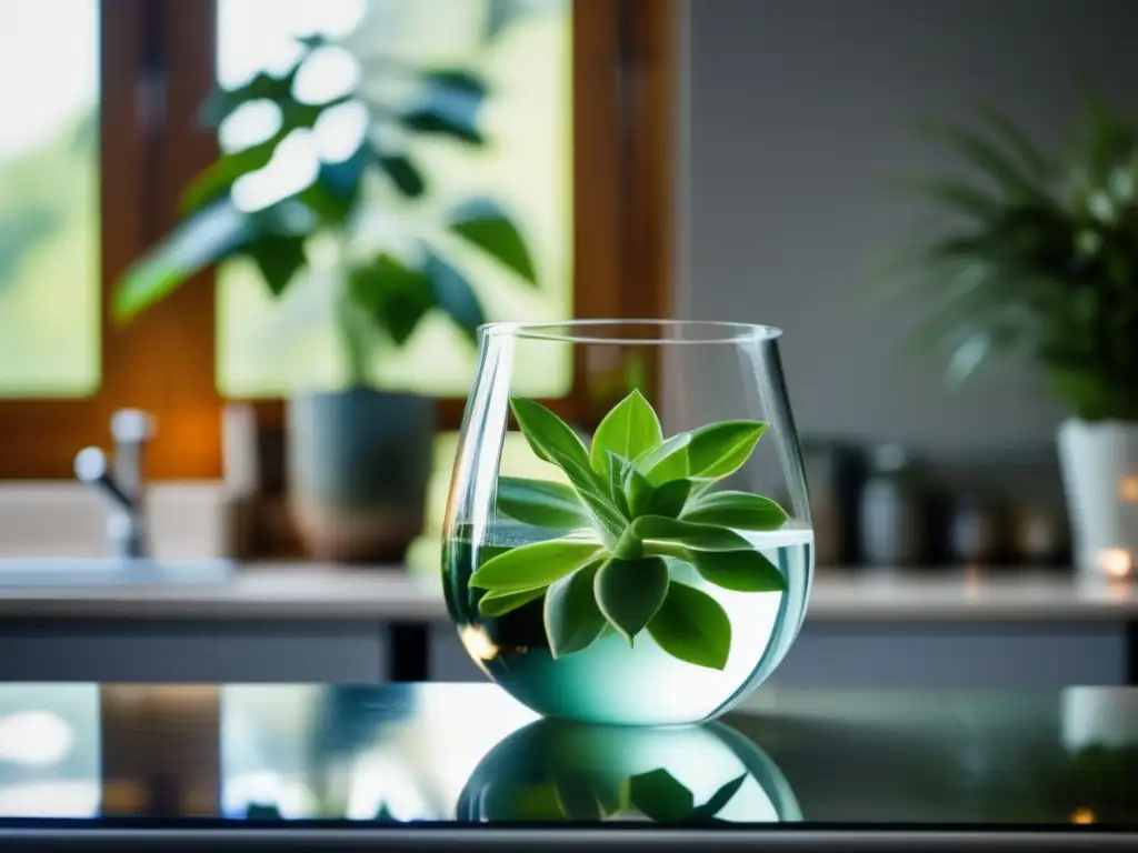 Purificación ecológica de agua con plantas en un beaker de vidrio