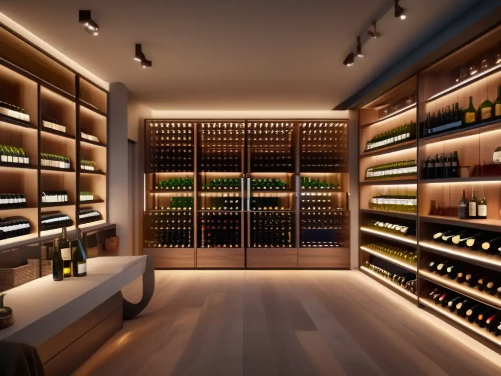 Beneficios de hacer tu propio vino y cerveza en una moderna bodega con estanterías organizadas y una elegante mesa de cata con productos gourmet