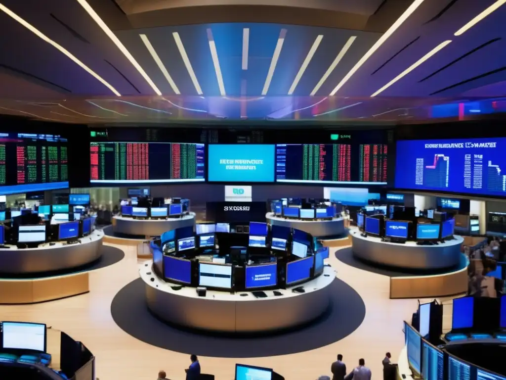 Stock exchange floor: Traders waving hands, digital screens displaying stock prices