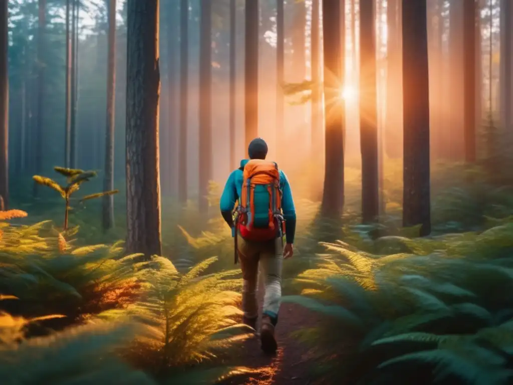 Bosque denso al atardecer con hiker preparado para ataques de animales salvajes