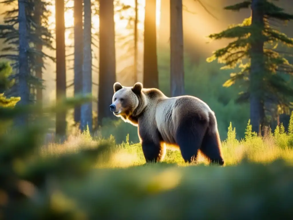 Imagen de bosque denso y majestuoso con un oso grizzly y ciervos - Técnicas de defensa personal contra animales salvajes