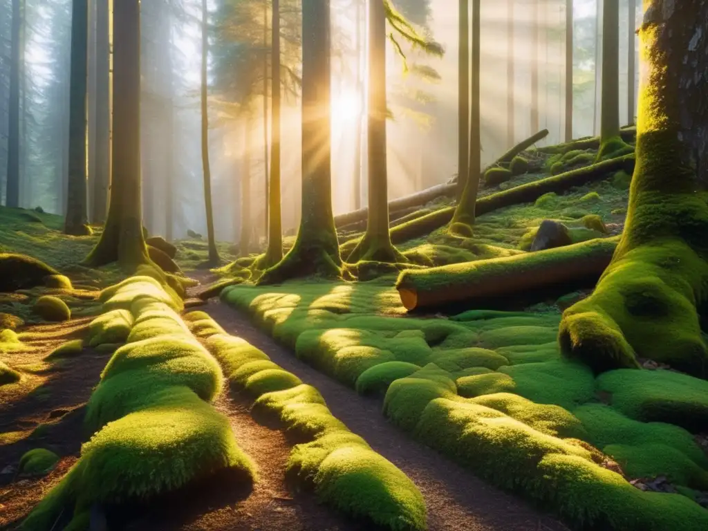 Herramientas de supervivencia naturales en bosque dorado, con árboles majestuosos, musgo verde vibrante y luz filtrándose entre las hojas