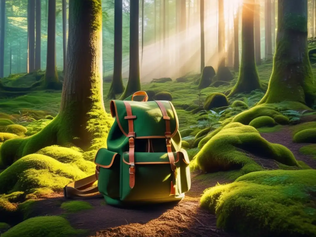 Bosque denso al atardecer con luz filtrada, suelo cubierto de musgo verde, mochila de supervivencia con brújula y mapa