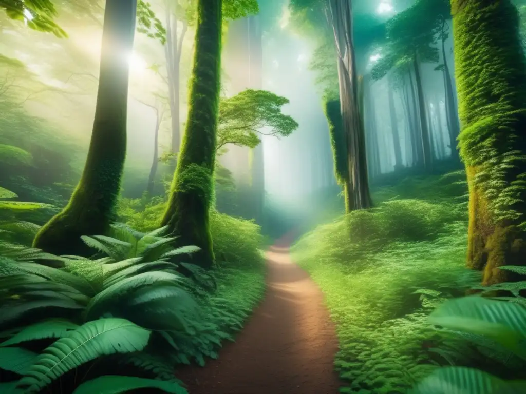 Un bosque exuberante con árboles majestuosos, un sendero serpenteante y una diversidad de flora