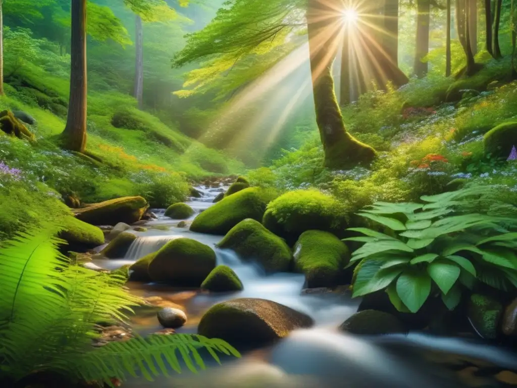 'Vibrante imagen 8k de un bosque verde con luz solar filtrándose entre árboles