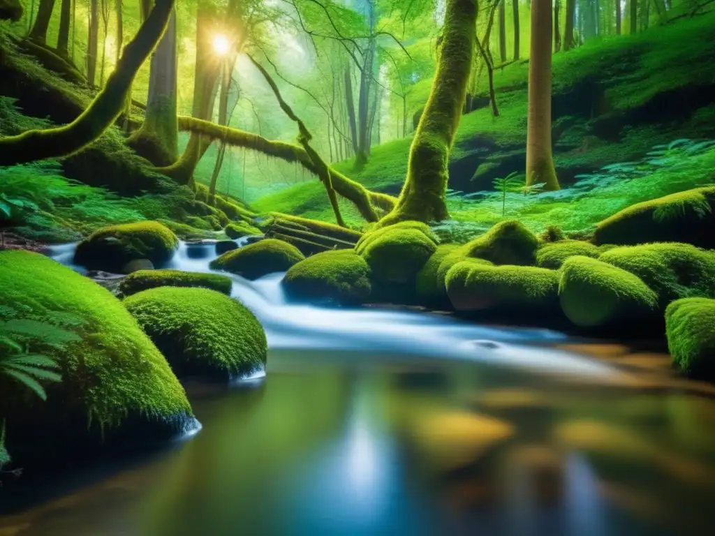 Bosque verde exuberante, árboles altos y sol filtrándose entre la densa vegetación