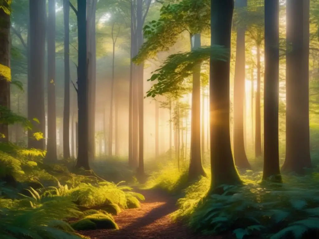 Bosque denso al atardecer con campamento de caza y armas improvisadas para supervivencia