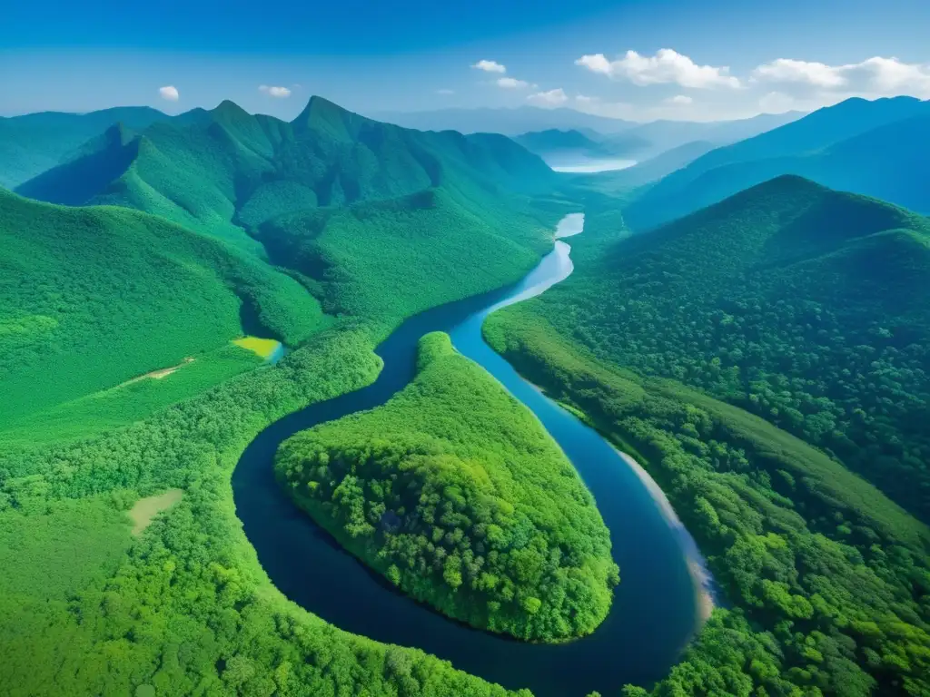 Vista aérea impresionante de un bosque verde rodeado de montañas