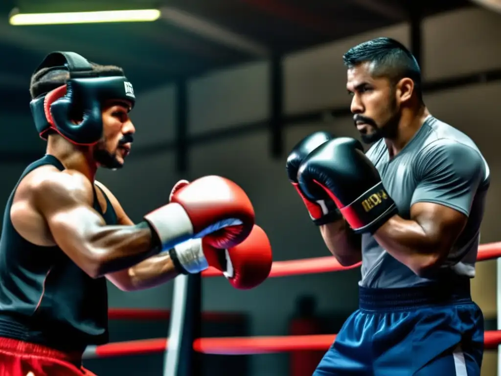 Técnicas de boxeo para preppers: Entrenador y prepper en una sesión de entrenamiento de boxeo, demostrando posturas y técnicas adecuadas