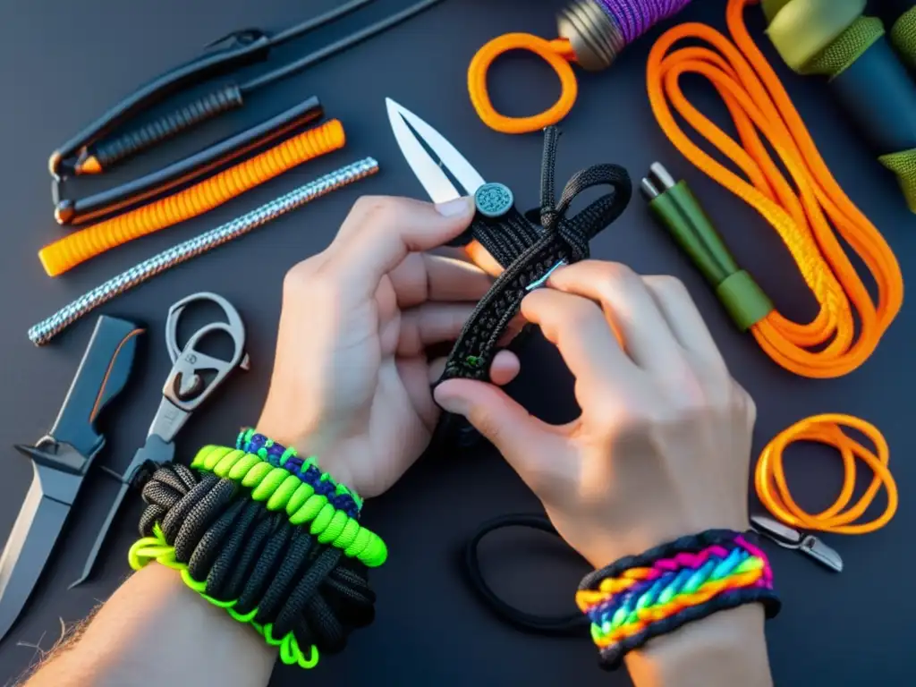 Preparación: Manos tejen pulsera paracord con armas caseras y herramientas de supervivencia