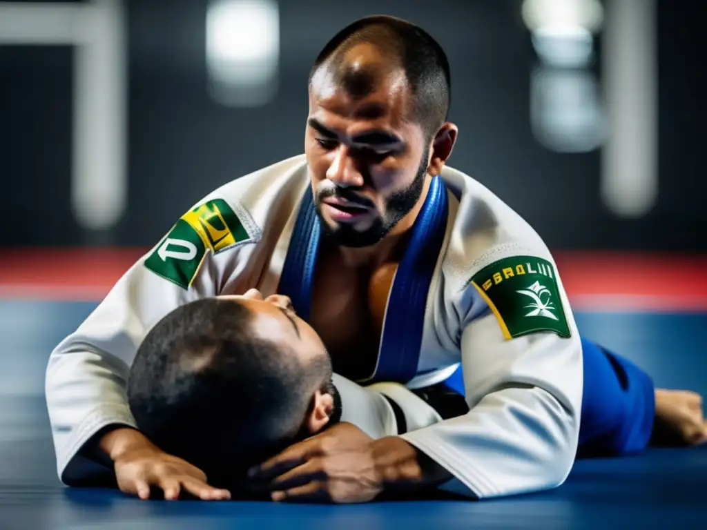 Importancia JiuJitsu Brasileño Defensa Personal: Practicante realiza impecable llave de brazo, en moderna instalación de entrenamiento