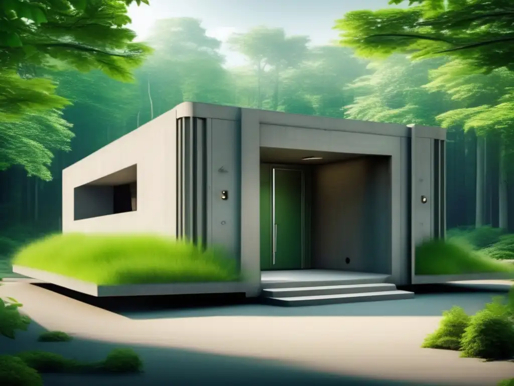 Bunker de supervivencia en bosque con puerta de acero y energía solar