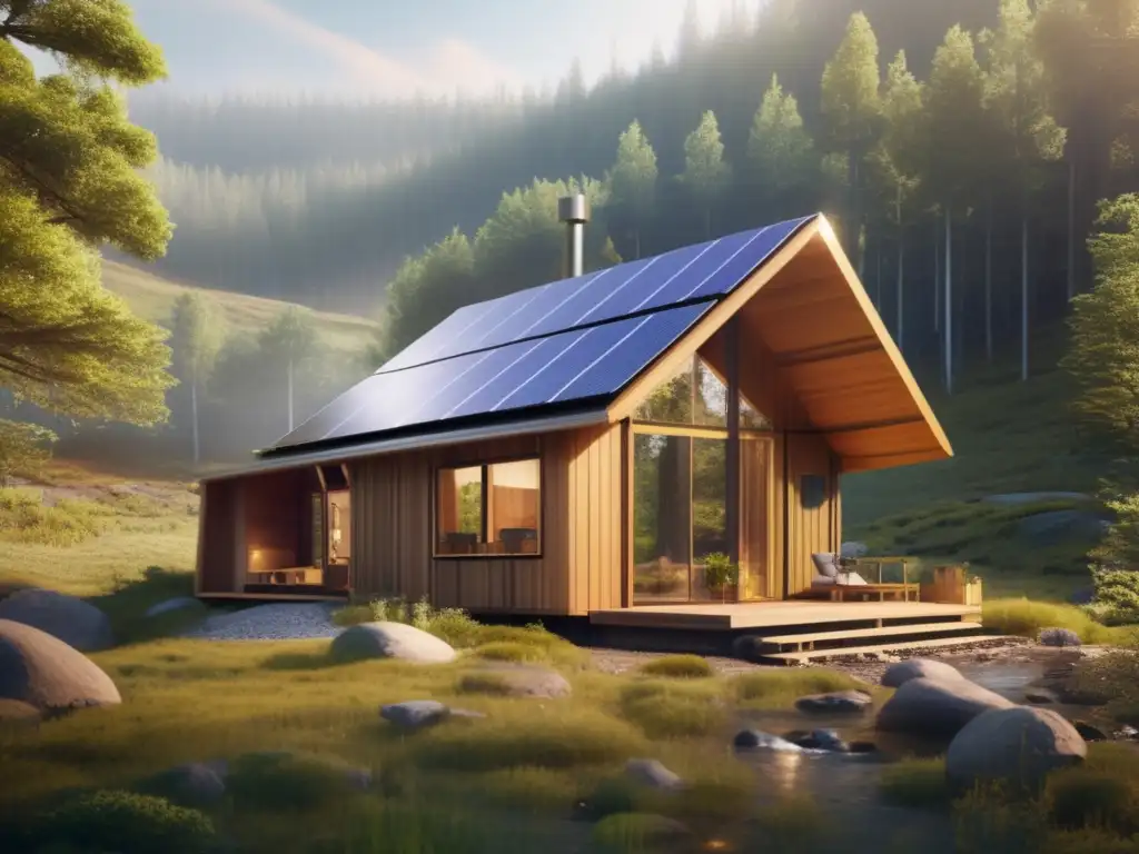 Cabaña ecológica en un bosque verde con energía renovable para preppers