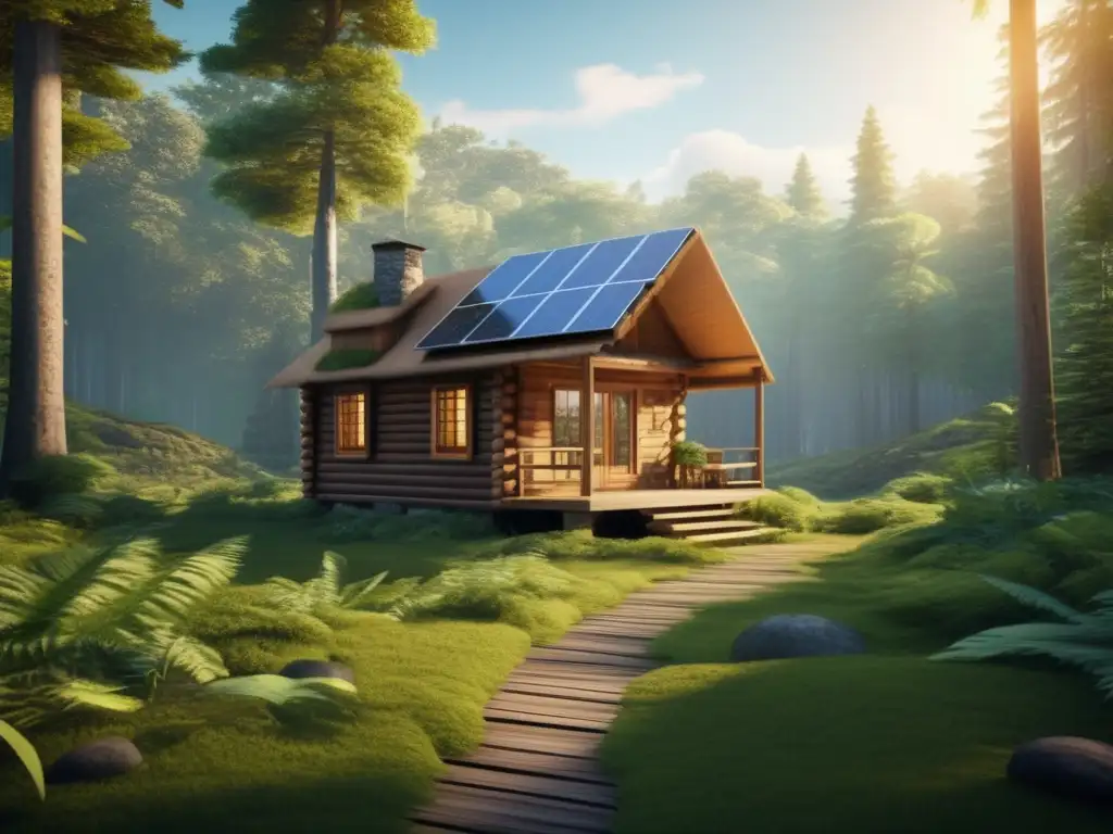 Bosque exuberante con árboles altos, cabaña rústica, paneles solares, sendero, aves y arroyo