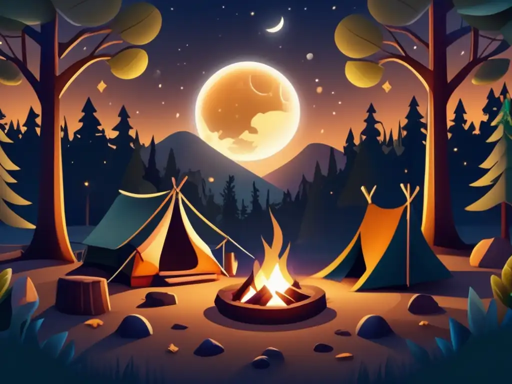 Escena nocturna en la naturaleza: campamento acogedor, fuego, libro 