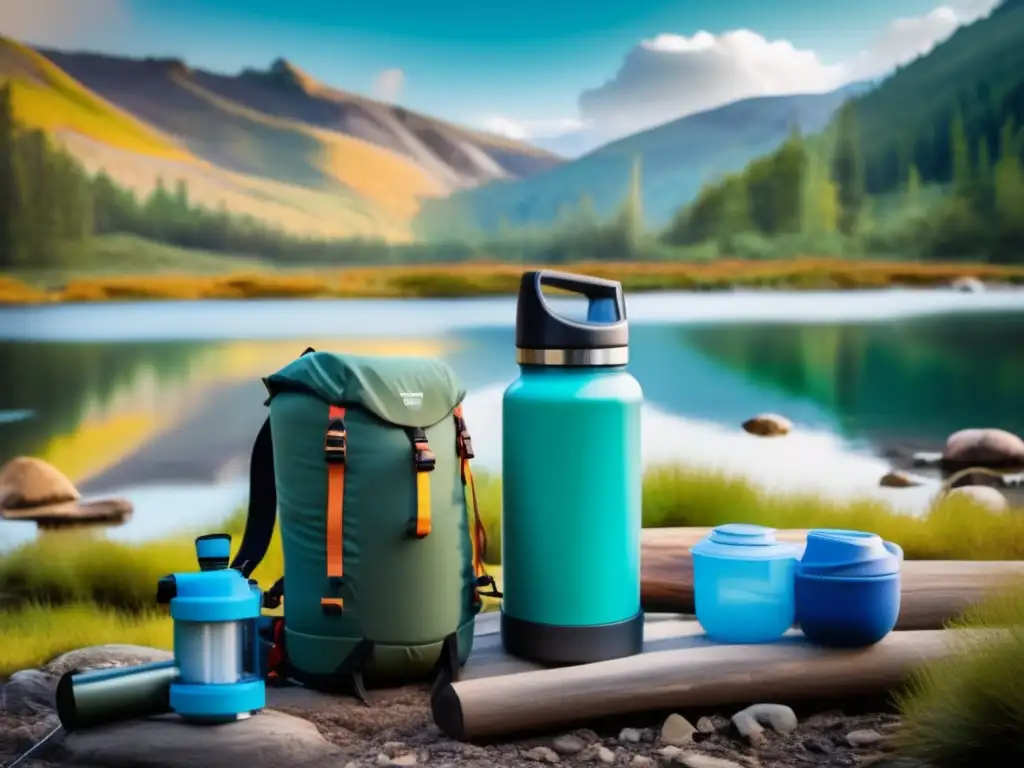 Escena de camping en la naturaleza con filtro agua portátil y elementos esenciales