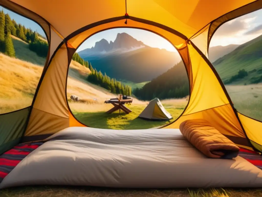 Beneficios de sistemas de energía portátil en acampadas: vista panorámica campamento idílico con equipo camping y estación de carga