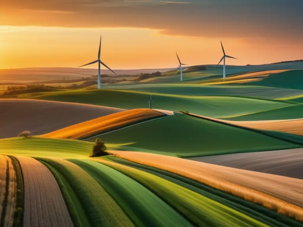 Beneficios de la energía eólica casera: paisaje impresionante con molino de viento moderno y campo dorado al atardecer