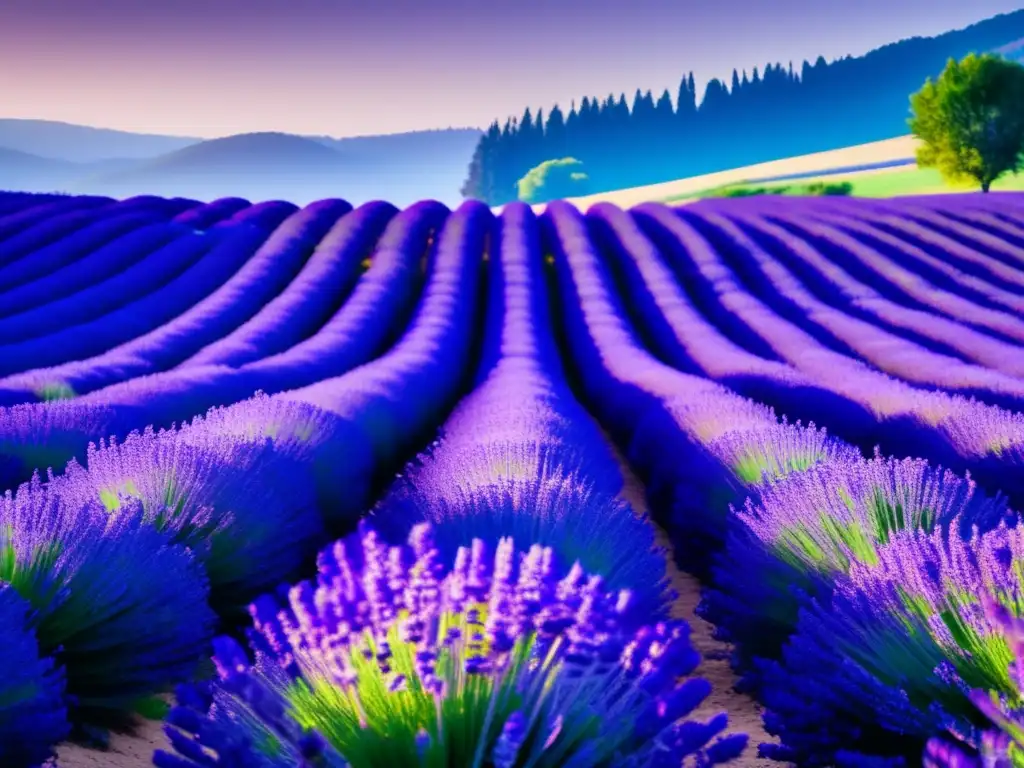 Hermoso campo de lavanda, con tonos púrpura vibrantes y verdor circundante - Beneficios de los aceites esenciales en la supervivencia