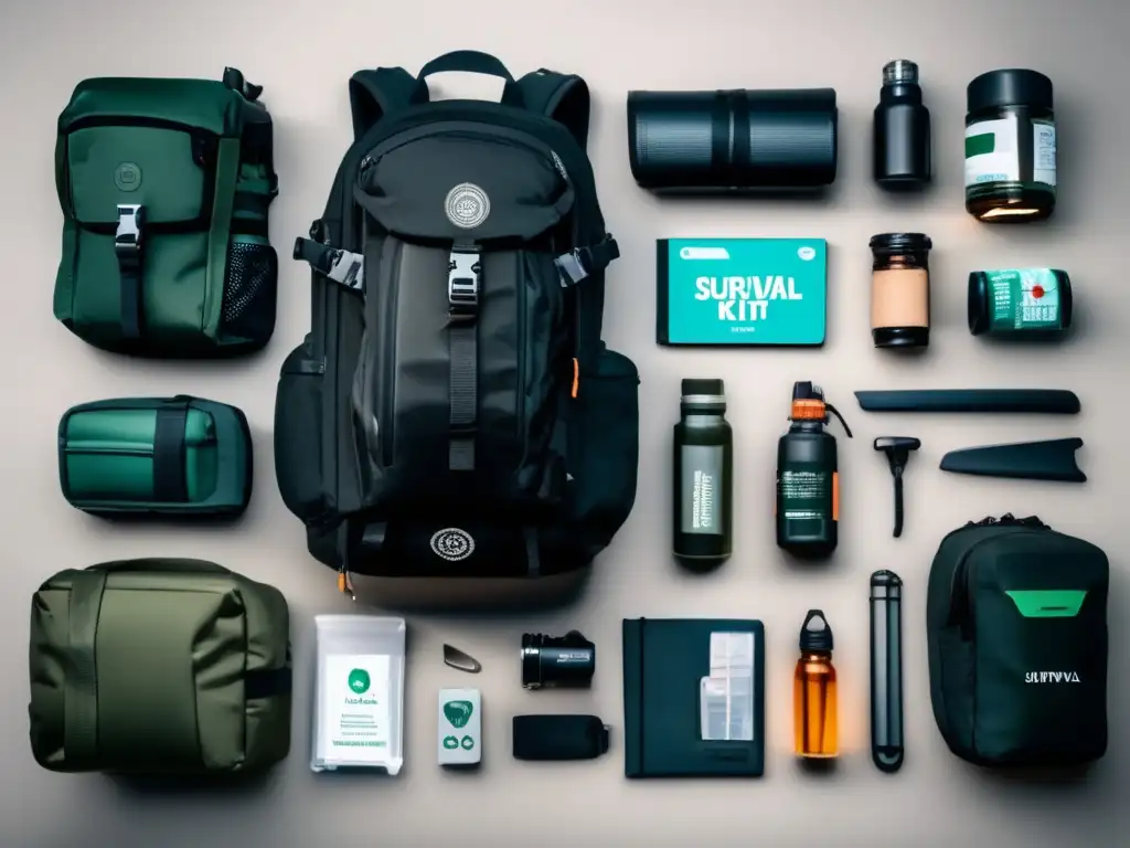 Kits supervivencia invierno: mochila negra 8k, resistente al clima, compartimentos, herramientas, fósforos impermeables, botiquín compacto, brújula, manta térmica, purificador agua portátil y alimentos energéticos