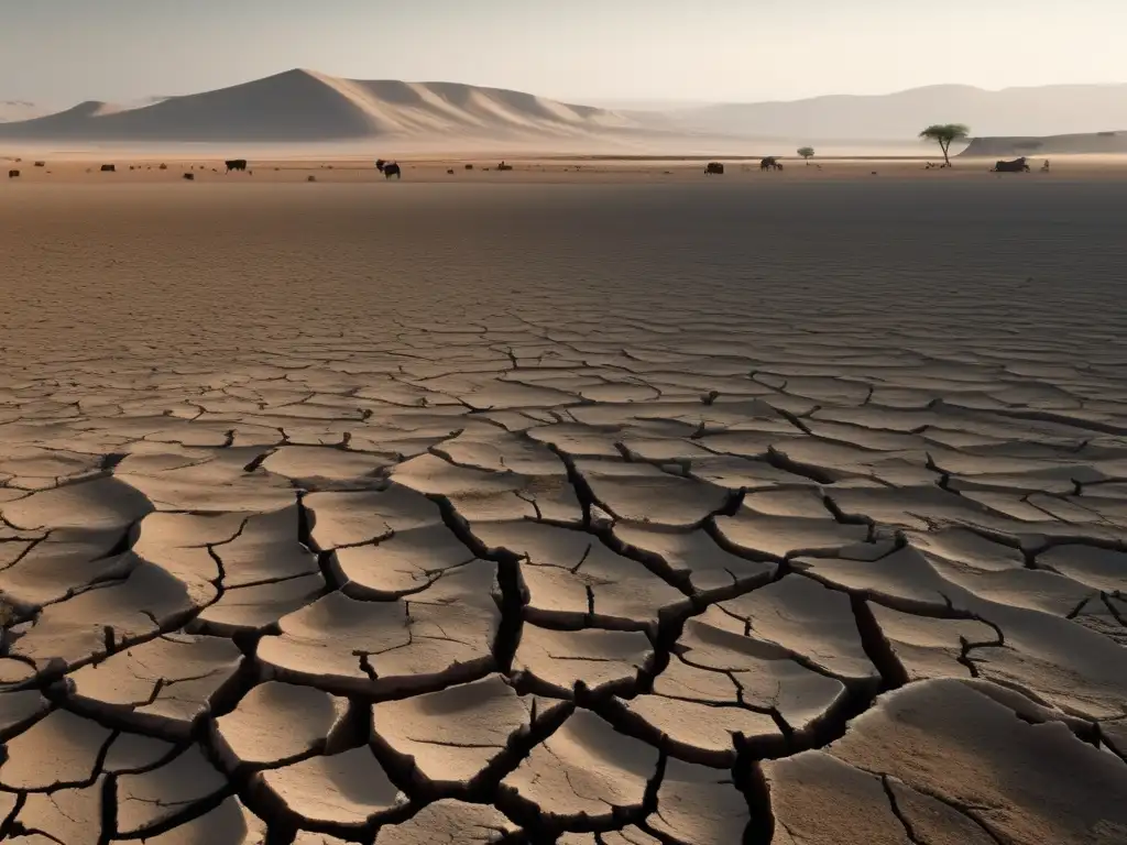 Desolación en hambruna: paisaje árido, pueblo abandonado, personas desesperadas