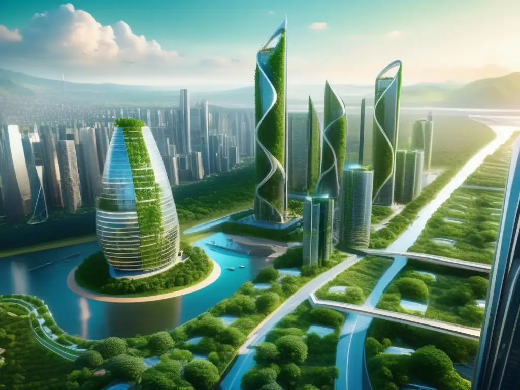 Pasos para adaptarse al cambio climático: Futurista ciudad verde con energías renovables, infraestructura sustentable y biodiversidad