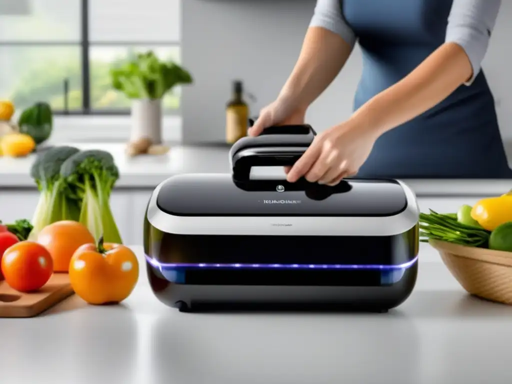 Sellador al vacío profesional y moderno en acción Sellador al vacío para alimentos: imagen de alta resolución mostrando un sellador al vacío moderno y elegante en acción